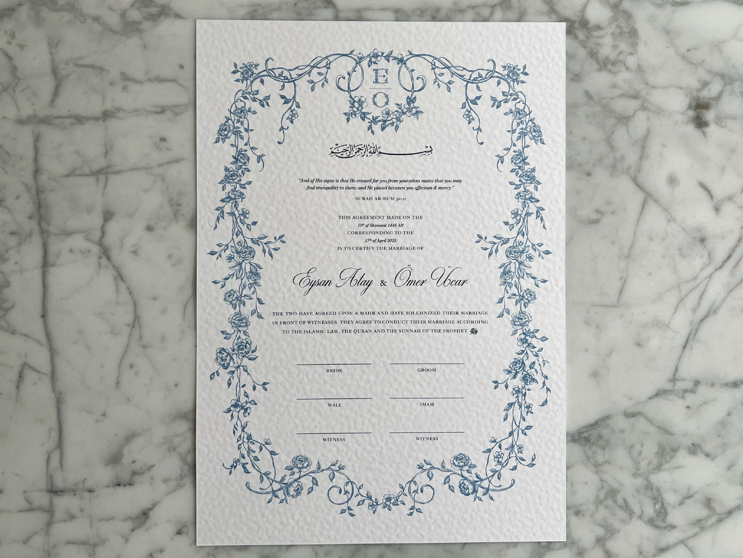 Baroque Blue Nikkah Certificate (A3 Size)