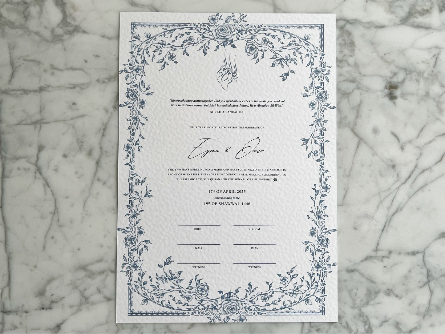 Floral Blue Nikkah Certificate (A3 Size)