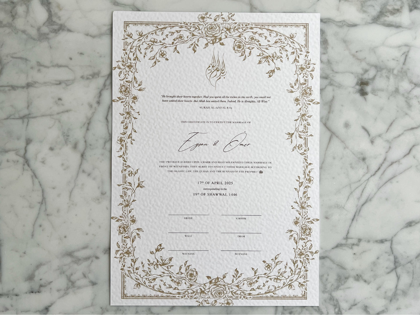 Floral Gold Nikkah Certificate (A3 Size)