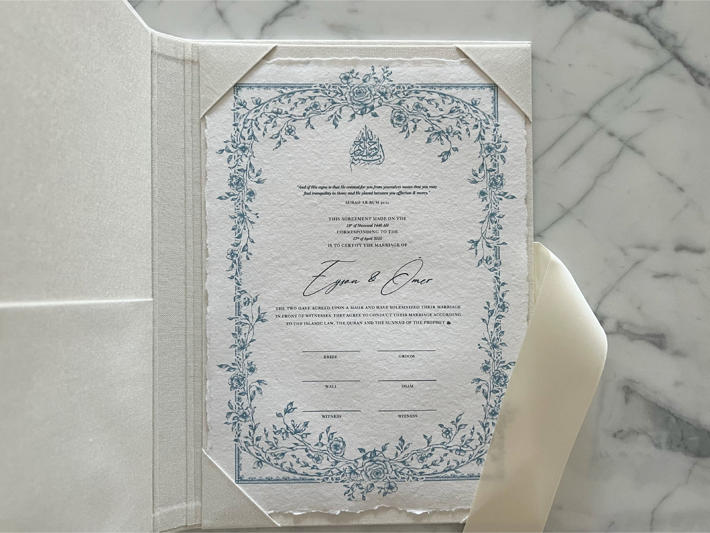 Floral Blue Nikkah Certificate (A4 Size)